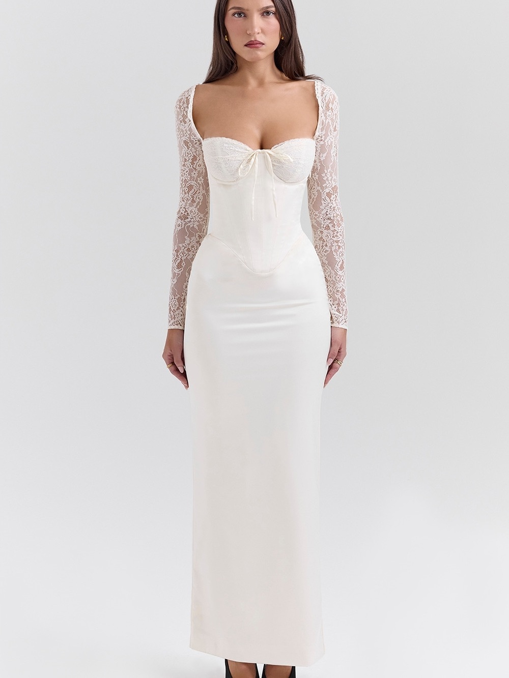 House of CB Ivory Lace-Sleeve Corset-Back Gown